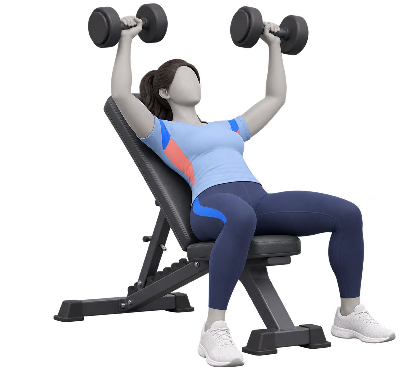 Fully clothed female exercise illustration demonstrating an incline dumbbell press
